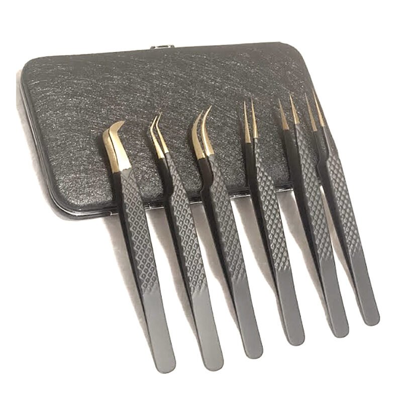 Eyelash Extension Tweezer Set - Black & Gold 6-Piece