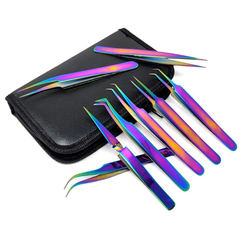 Eyelash Extension Tweezer Set - Rainbow with Case
